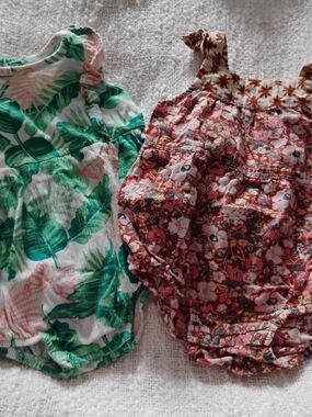 wonder nation Green Palm Leaf & Multi Floral Baby Rompers - 2 Pack